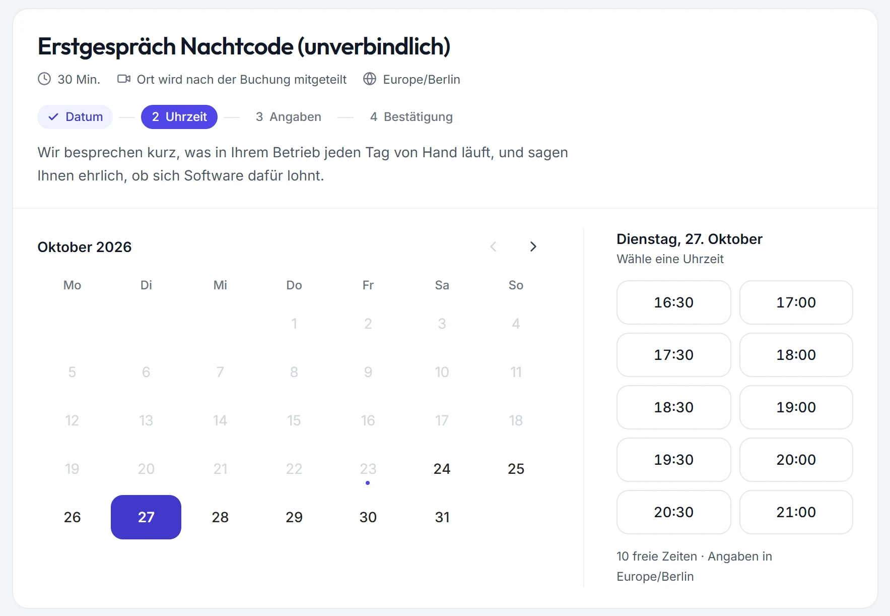 Echte MeetVibe-Buchungsseite mit freien Zeiten